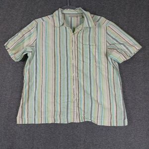 ERIKA WOMENS TAN BLUE MULTICOLOR STRIPE LINEN BLEND BUTTON FRONT SHIRT SIZE L